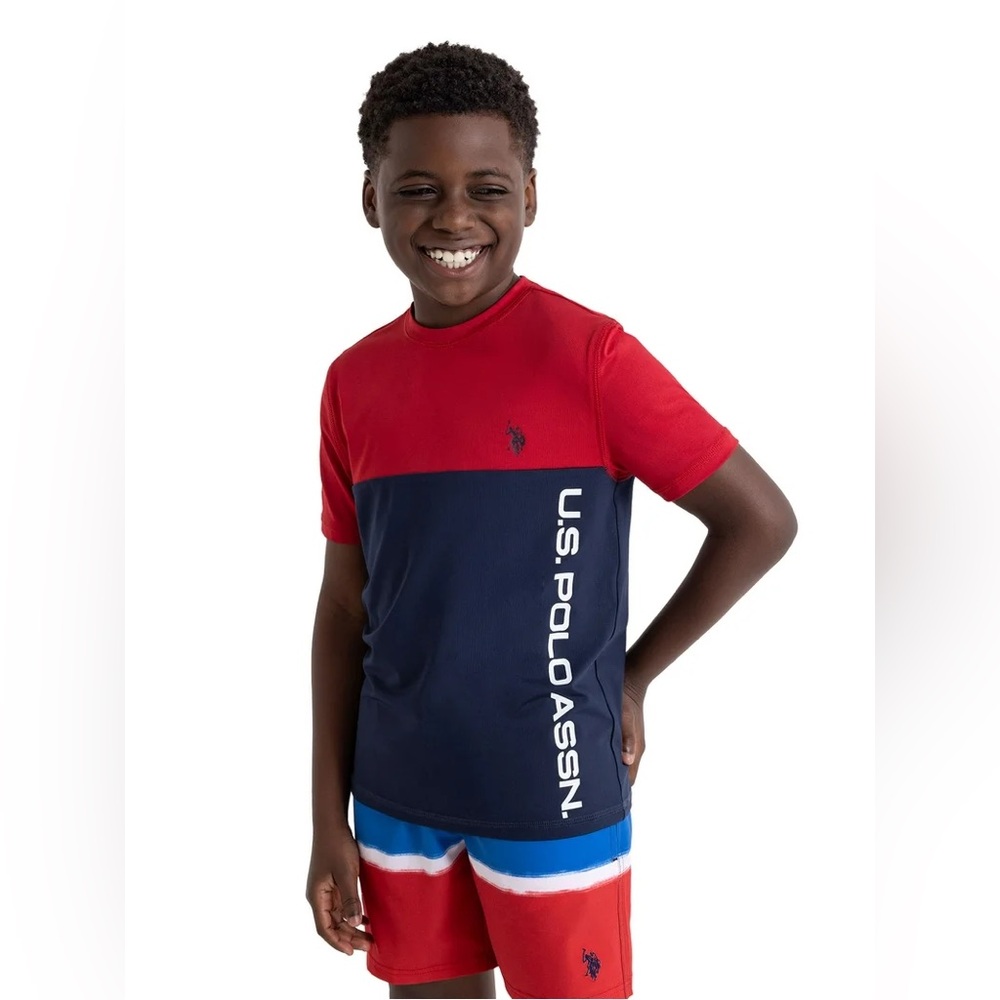U.S. Polo Assn. Boy’s Short Sleeve Color Block Rash Guard Top NWT